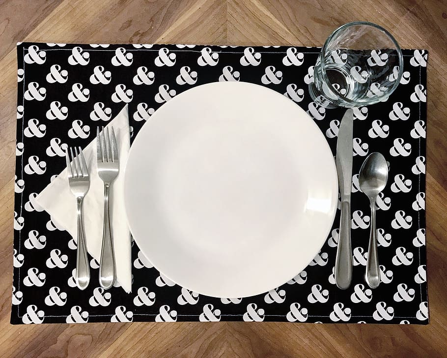 diner set, placemat, plate, place, setting, table, white, meal, cuisine, dinner