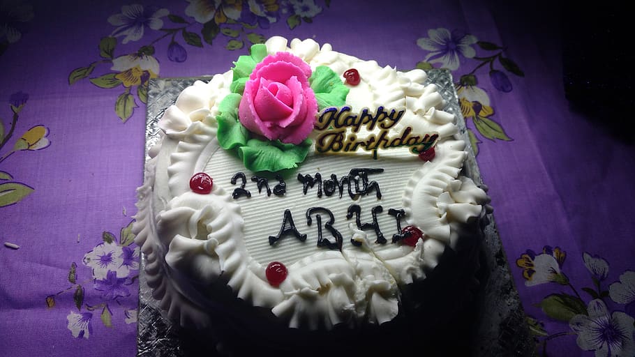 birthday, cake, cream, white, chocolate, pink flower, sweet food, sweet, freshness, dessert