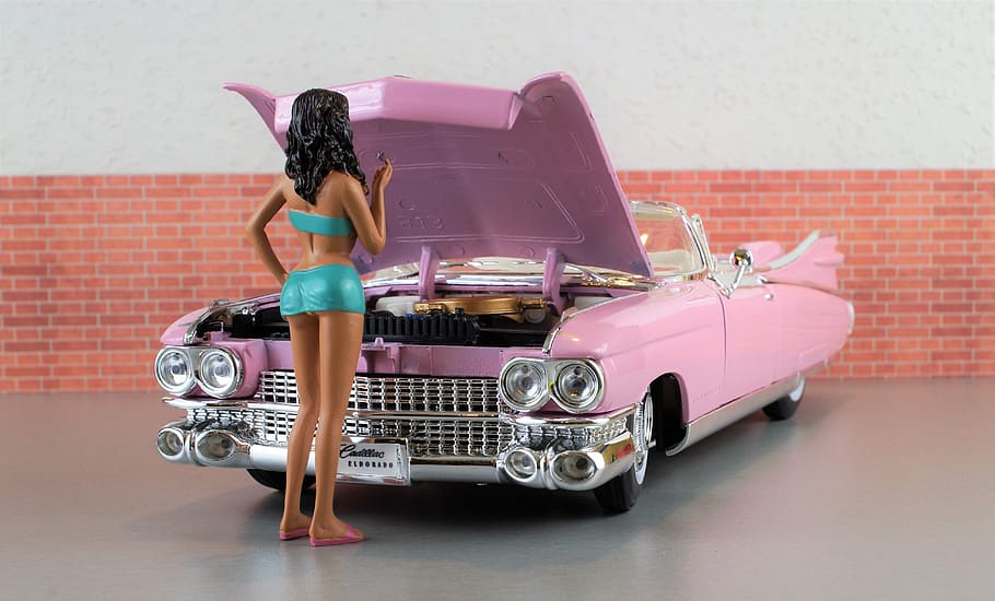 Modelo de coche, Cadillac, Cadillac Eldorado, rosa, auto, viejo, coche de juguete, EE. UU., América, modelo