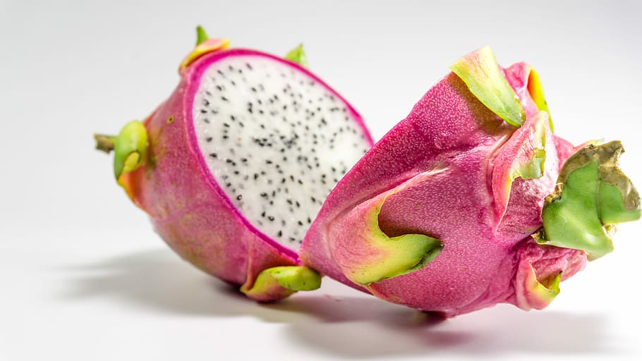 sliced, dragon fruit, surface, Fruit, Dragon, White, Isolated, background, pink, nature