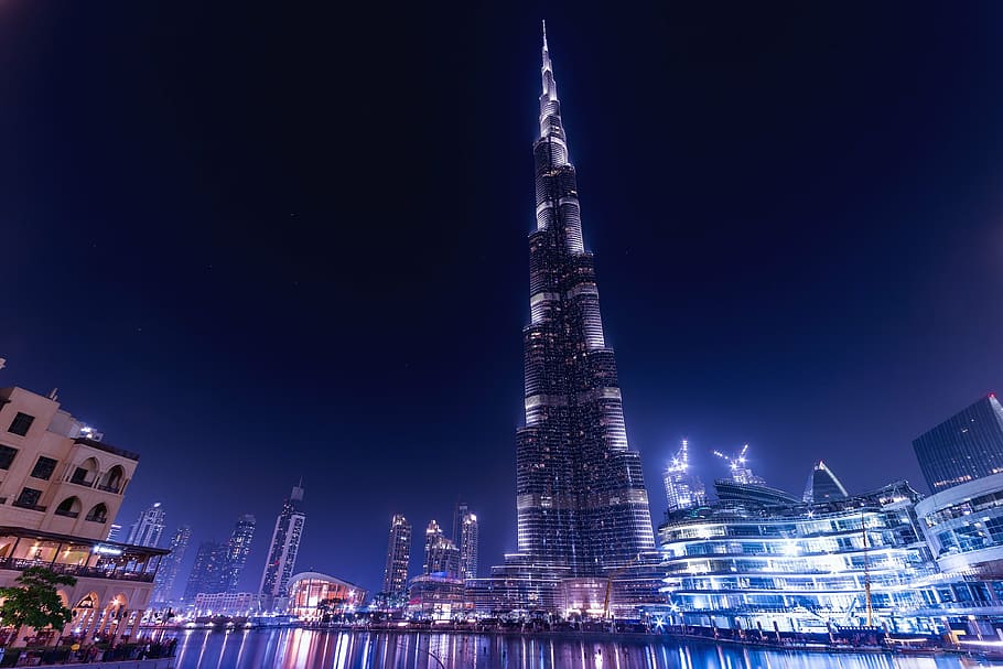 black, lightened, tower, night time, burj khalifa, emirates, dubai, uae, architecture, skyscraper
