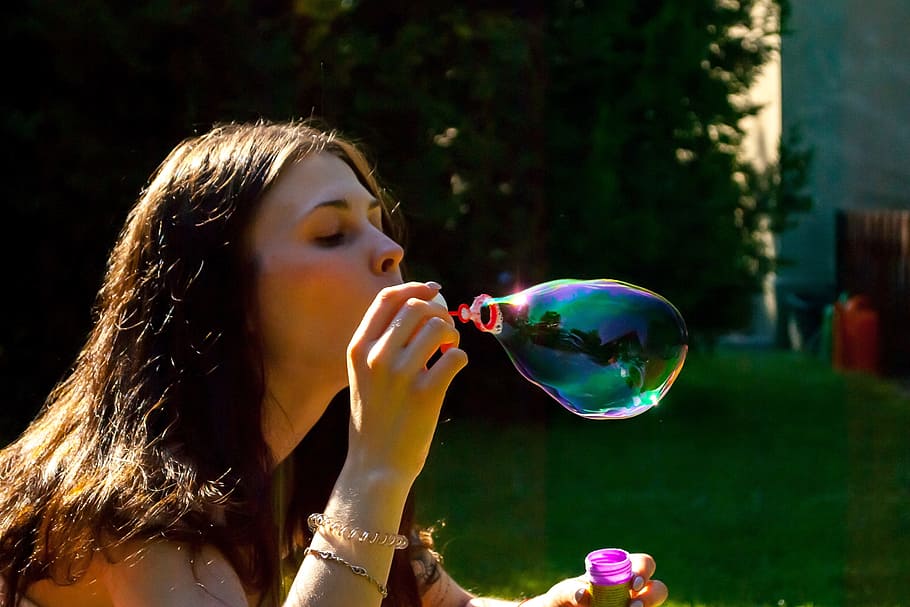 woman, bubbles, Blowing, Soap Bubbles, Fun, bubble, round, the delicacy, soap, let
