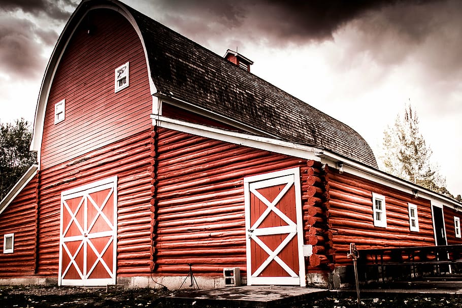brown, black, barn house, clouds photo, barn, red, rural, farm, red barn, country