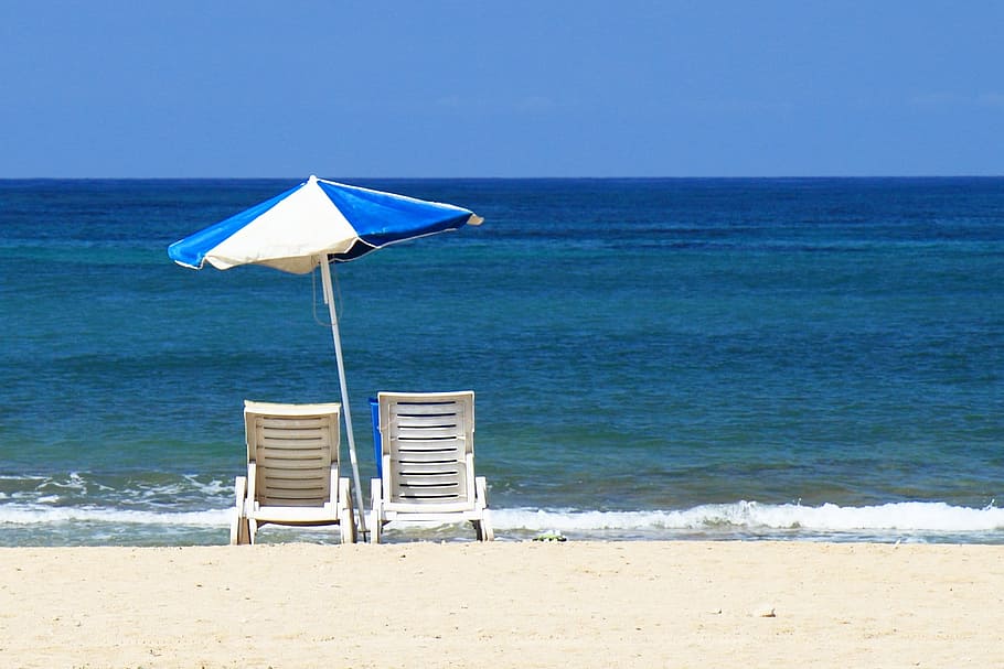 two, white, chairs, blue, umbrella, sea, clouds, daytime, white umbrella, beach