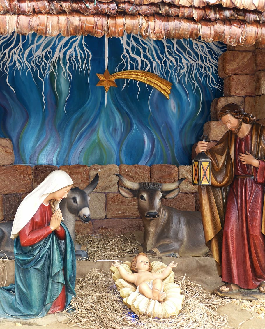 クリスマス, キリスト降誕のシーン, ベビーベッド, マリア, イエス, 牛, モミ, 出現, 装飾, クリスマスの飾り