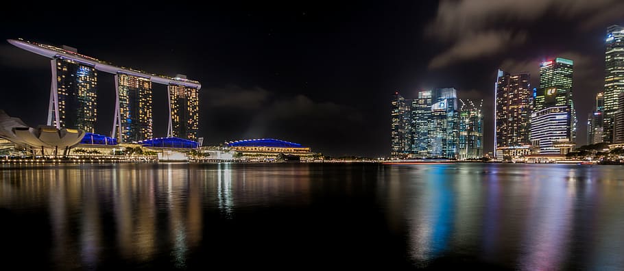 city nights buildings, singapore, skyline, night photograph, marina bay, skyscrapers, port, port bay, holiday, reflection - Pxfuel