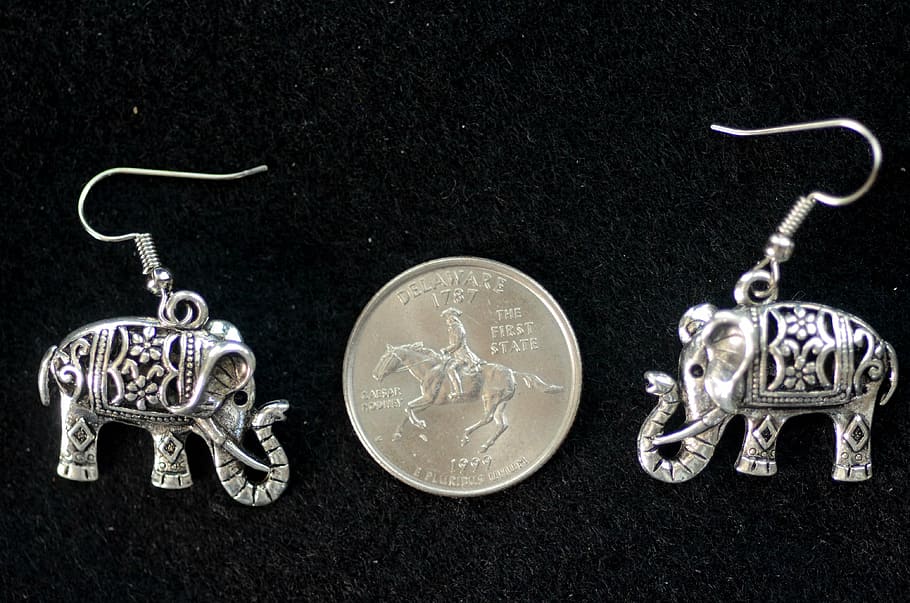 round silver-colored coin, pair, silver-colored elephant, dangle, earrings, silver, filigree, elephants, ornate, intricate