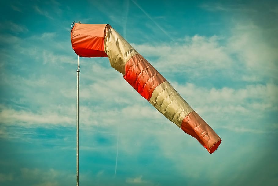 orange, white, air hoop, air bag, wind sock, weather, sky, striped, wind direction, red