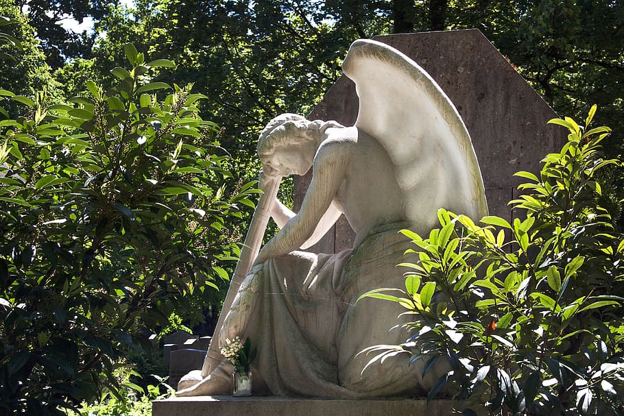 angel statue, angel, cemetery, park, sculpture, rock carving, art, mourning, sad, tired