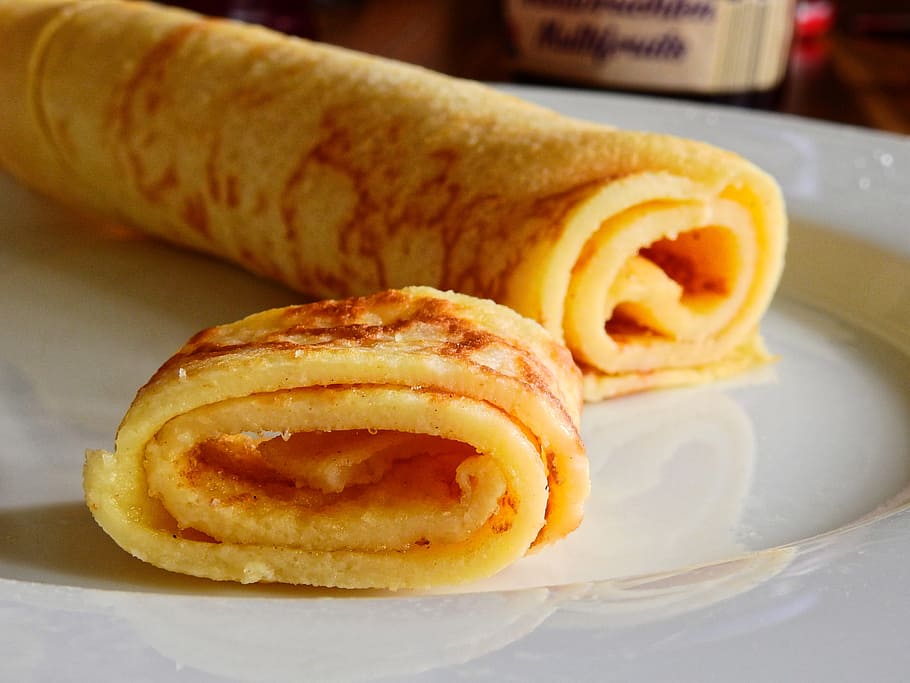 roll pancakes, ceramic, plate, Pancake, Eat, Food, Delicious, Omelette, meal, cook