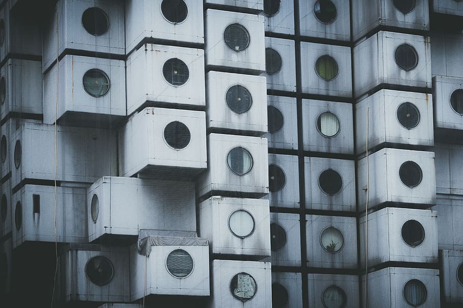 architecture, building, infrastructure, nakagin capsule tower, japan, landmark, full frame, backgrounds, large group of objects, indoors