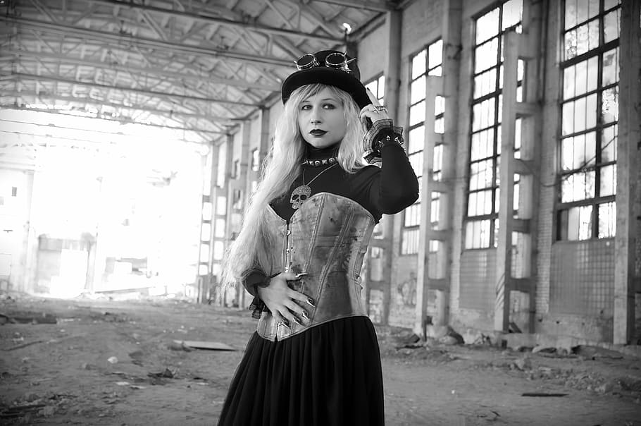 gray, scale photo, standing, woman, steampunk, zabroski, an abandoned, corset, felt hat, welding goggles