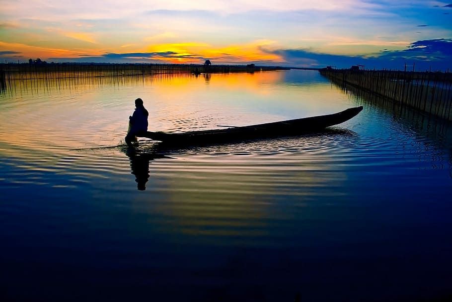 Vietnam, Dawn, Lagoon, Hue, Sunrise, fishing, boat, sunset, water, one person