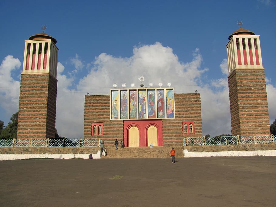 Eritrea, Building, Towers, Church, faith, religion, people, architecture, sky, clouds