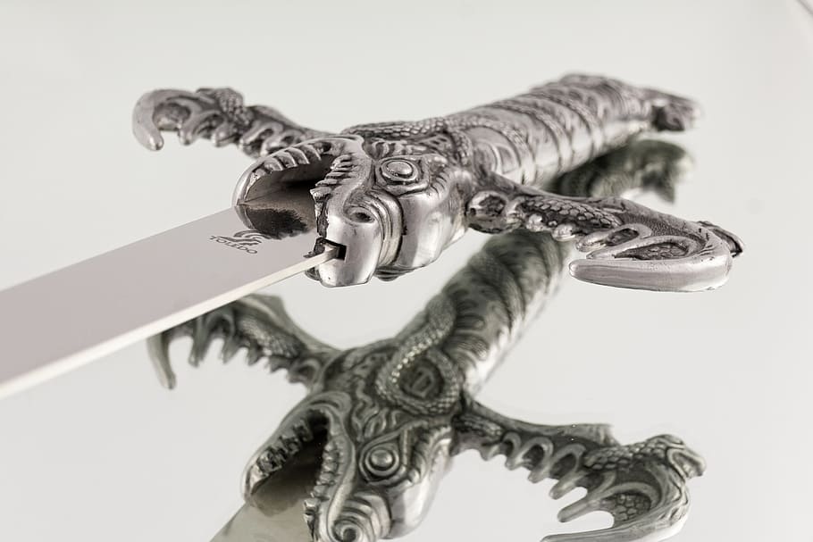 two, silver dragon swords, sword, handle, ornament, weapon, knife, fight, art and craft, creativity