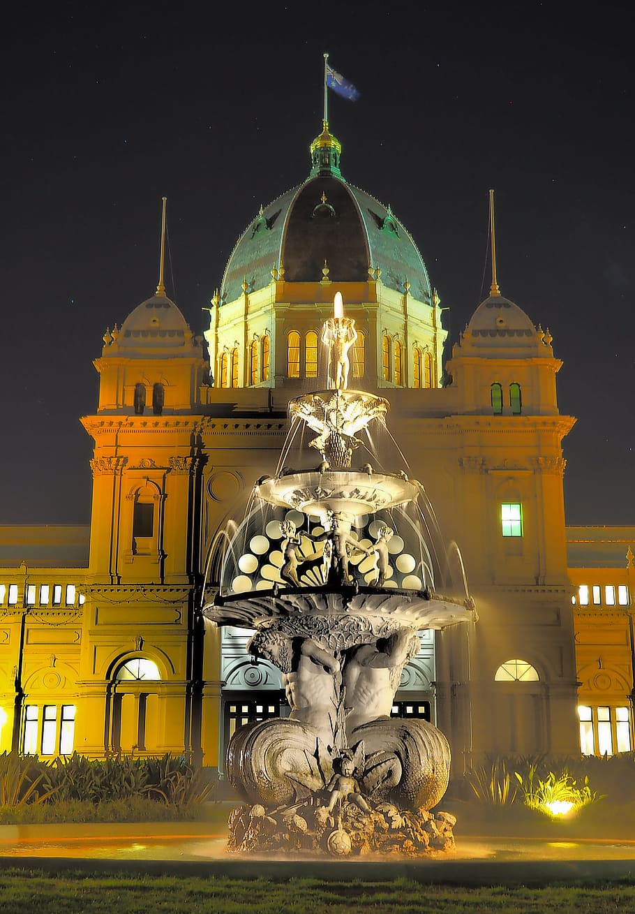 Melbourne, ciudad, fuente, cúpula, noche, iluminada, arquitectura, vista frontal, exterior del edificio, estructura construida