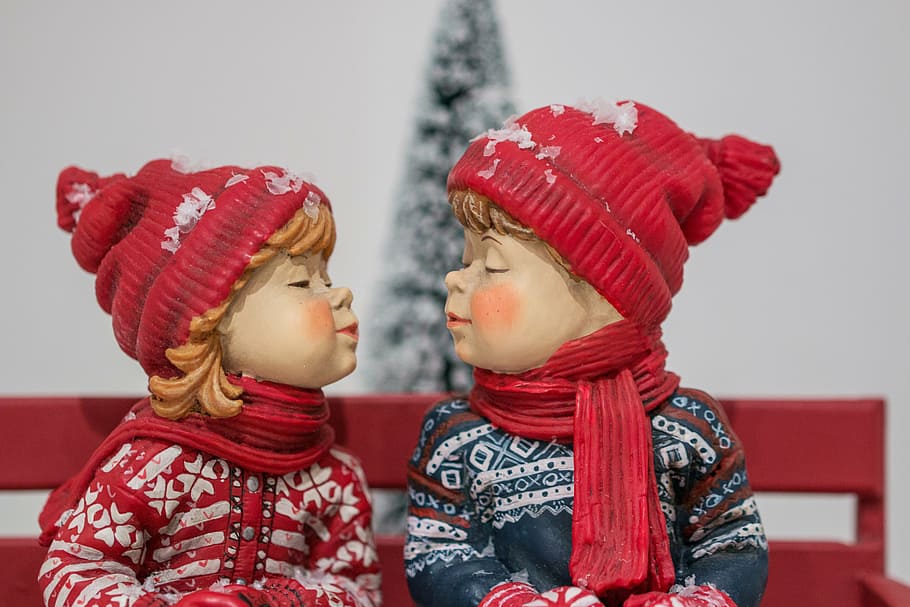 boy, girl, wearing, hat, facing, figurine, christmas, snow, winter, snowy