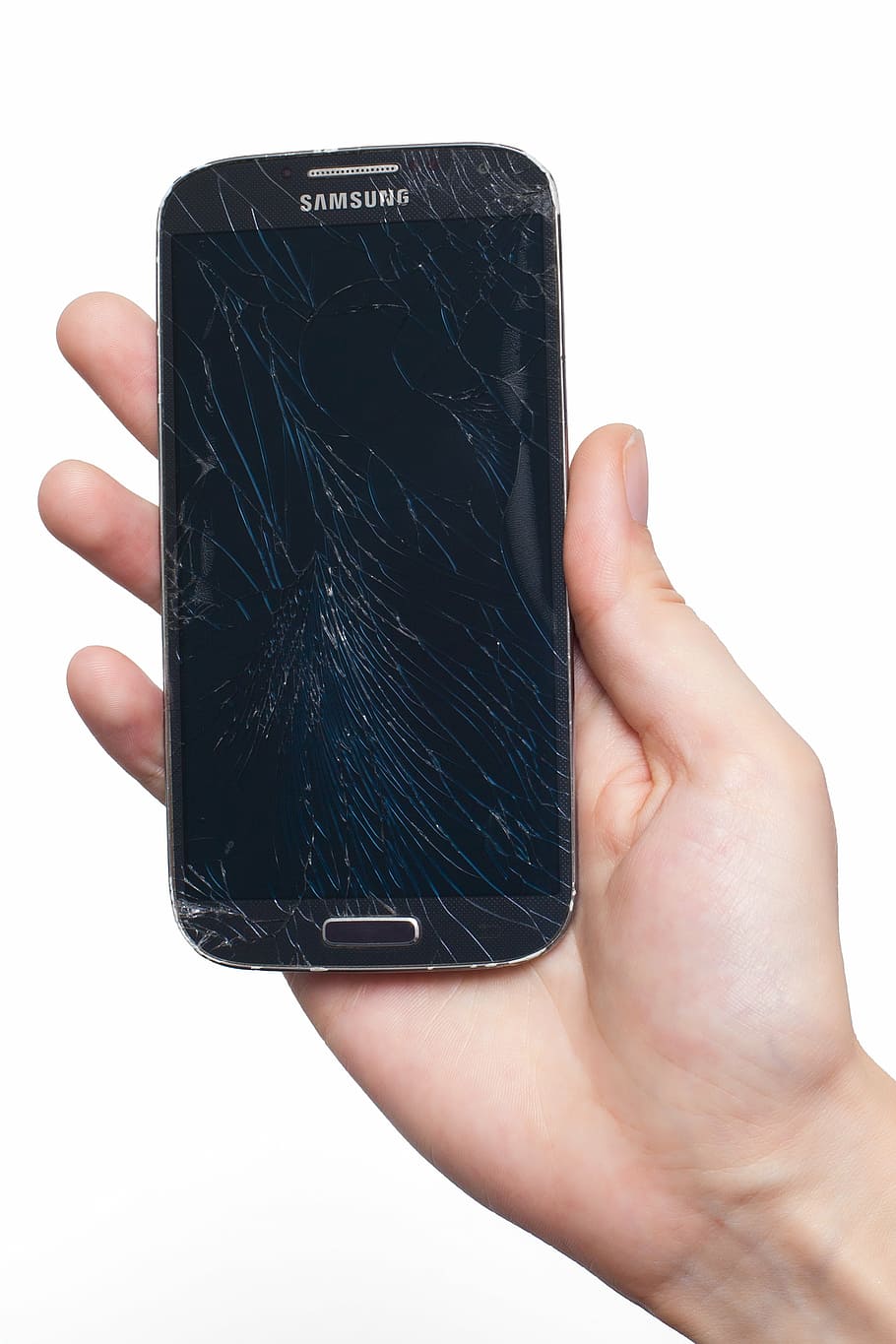 person, holding, black, samsung galaxy, s4, mobile phone, smartphone, display, screen, damage