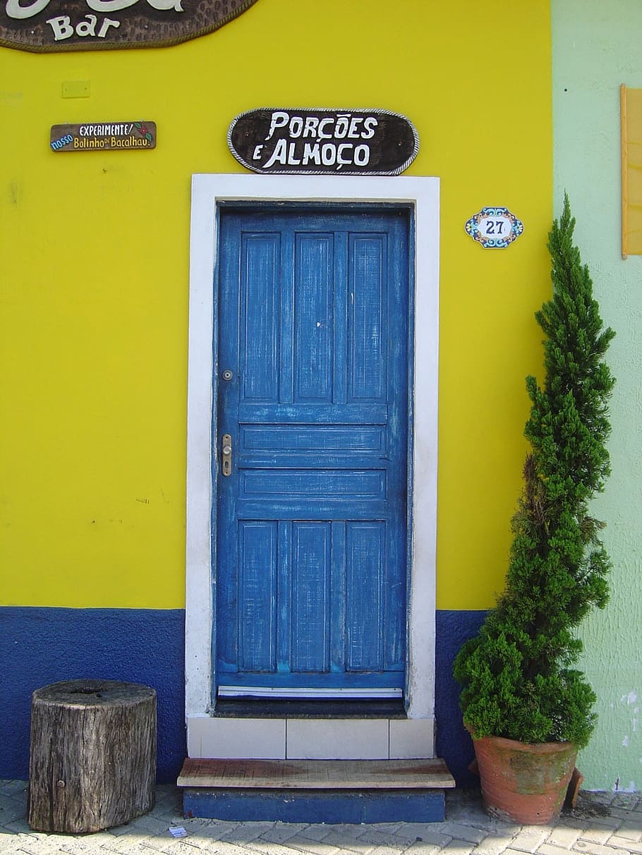 pintu, pintu masuk, jalan masuk, pendirian, Spanyol, warna-warni, biru, kuning, Meksiko, struktur yang dibangun