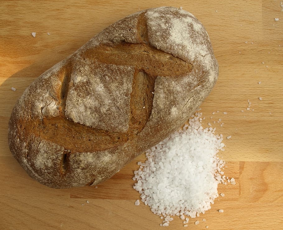 bread and salt, bread, salt, catchment, food, food and drink, table, wood - material, indoors, flour