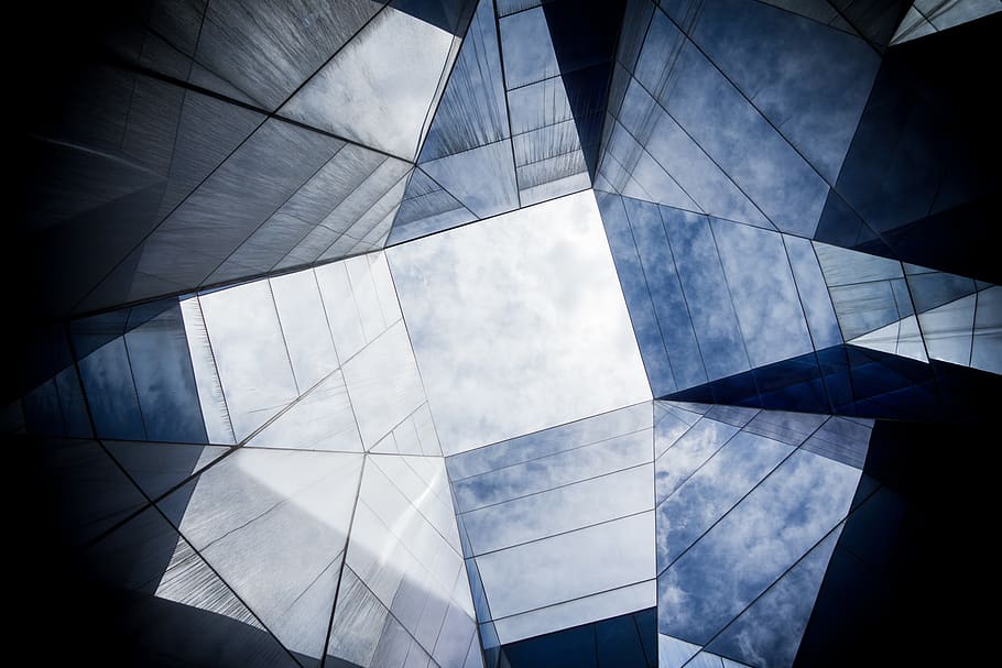 architecture, building, structure, abstract, glass - material, built structure, sky, pattern, modern, shape