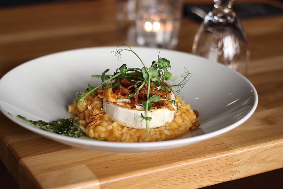 dish, white, ceramic, plate, risotto, food, pumpkin, goat's cheese, gourmet, meal