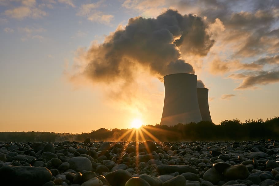 planta de energía nuclear, torre de enfriamiento, amanecer, estado de ánimo, rin, río, marea baja, energía nuclear, energía atómica, humo