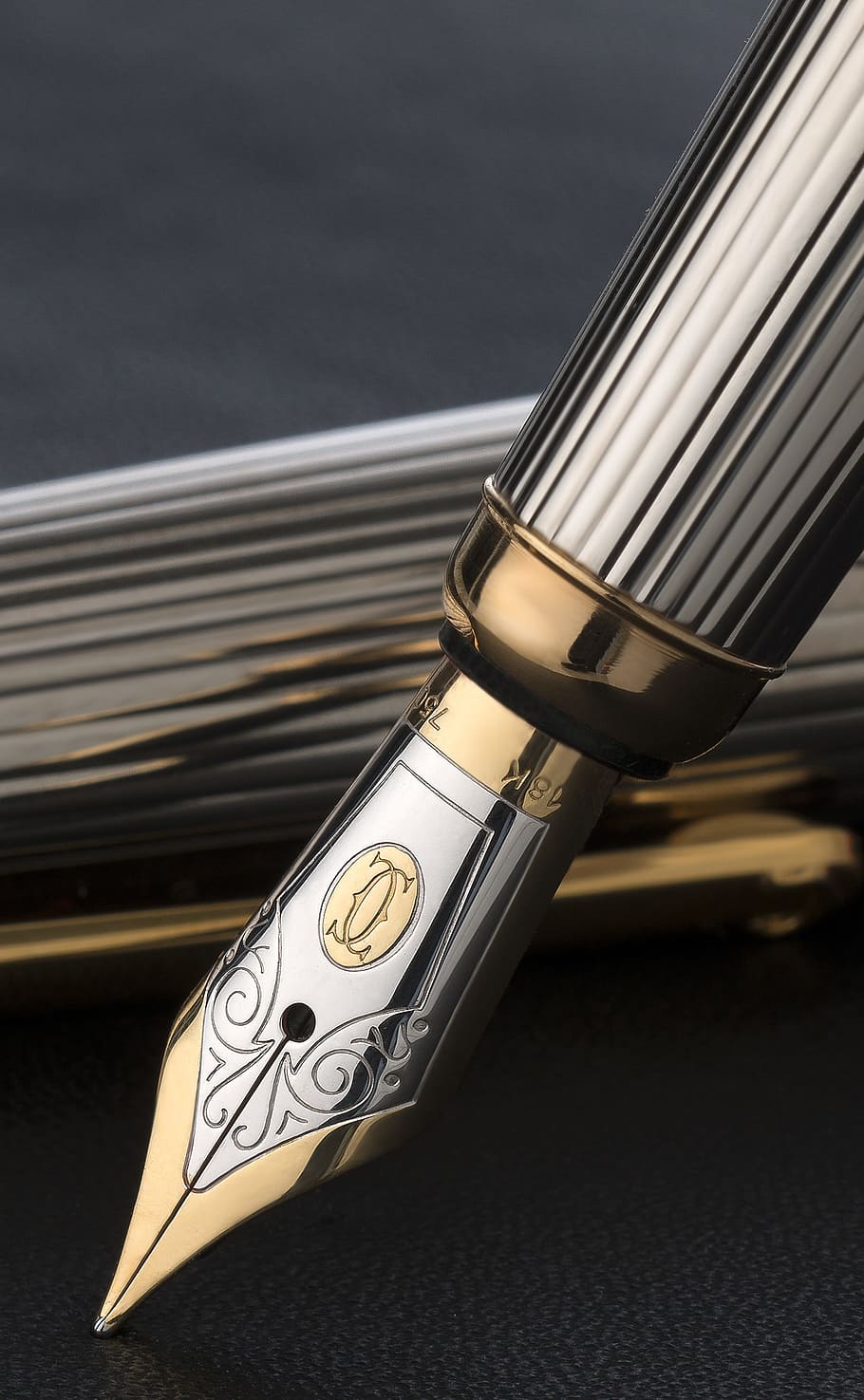 2-tone fountain pen, pen, writing, executive, close-up, indoors, high angle view, still life, metal, writing instrument