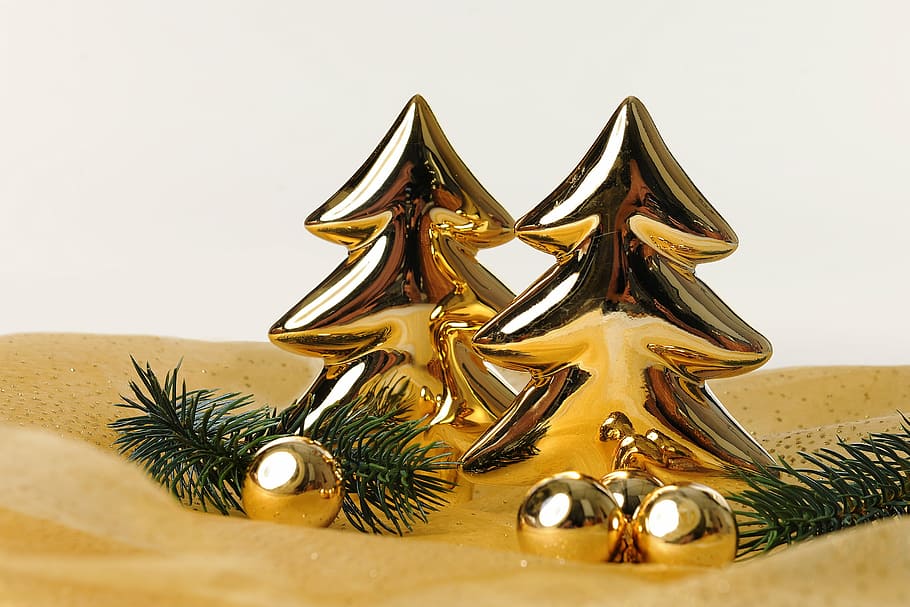 dois, decorações de árvore de natal dourada, areia, natal, pinheiros, ouro, motivo de natal, saudação de natal, cartão de natal, brilho