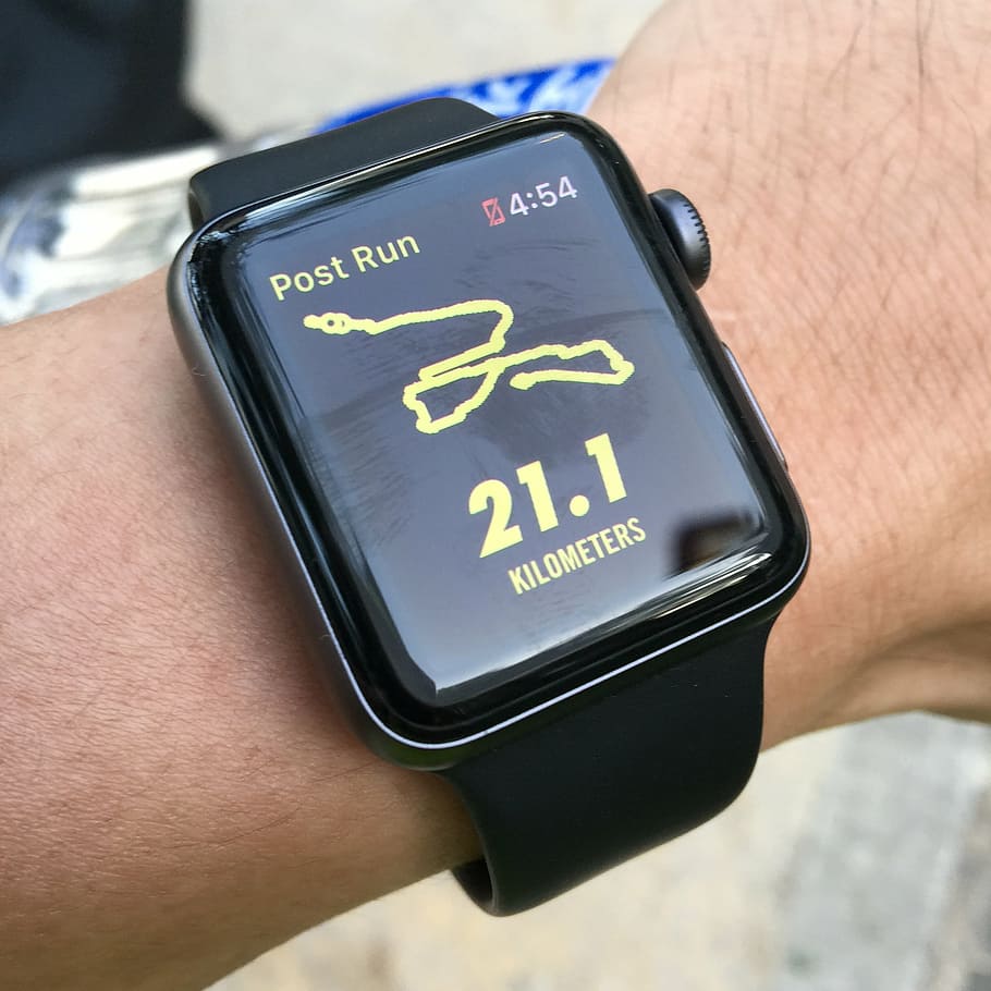 person, wearing, space, gray, apple, watch, black, sport band, displaying, 21.1 kilometers