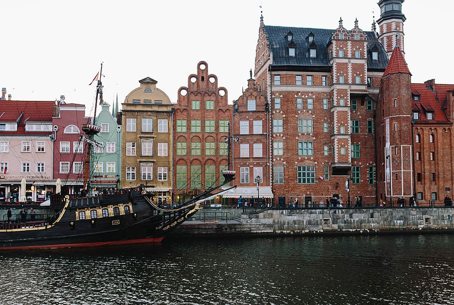 Foto, Gdansk, Polandia, arsitektur, kota tua, rumah petak, kanal, amsterdam, Kapal Bahari, belanda