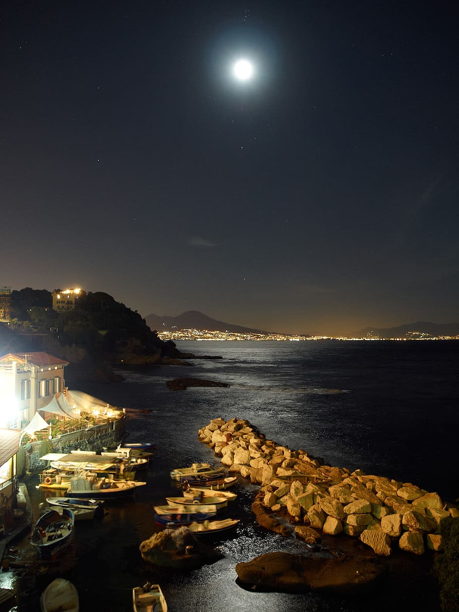 docked, boats, clear, sky, Naples, Posillipo, Night, moon, sea, water