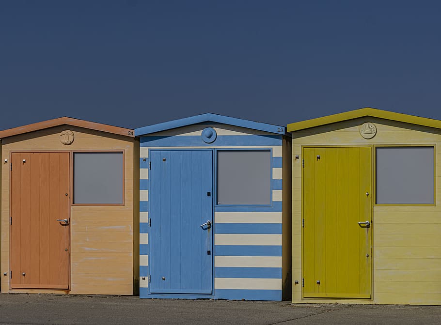 bathhouse, england, bathhouses, colorful, sky, beach cabins, blue, vacations, architecture, built structure