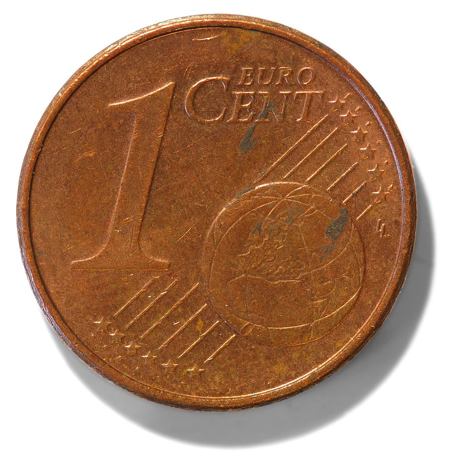 redondo, dorado, 1, euro, centavo, moneda, dinero, Europa, cobre, pagar