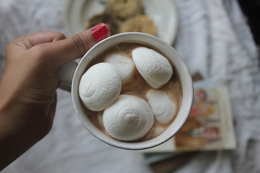 cup, latte, marshmallows, marshmallow, chocolate, instagram, human hand, hand, holding, human body part