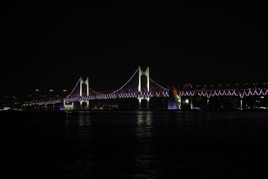 gwangan bridge, night view, sea, bridge, gwangalli, night, built structure, architecture, connection, bridge - man made structure