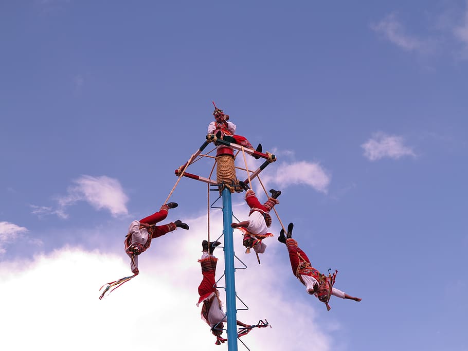mexico, customs, volantines, sky, low angle view, cooperation, nature, teamwork, cloud - sky, group of people