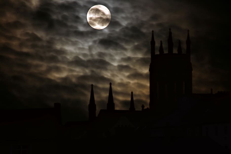 silhouette, castle, night time, full moon, night, midnight, middle ages, building, illuminated, dark