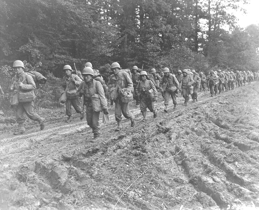 grayscale photo, soldiers, walking, road, world war ii, 1944, france, troops, marching, foot soldiers
