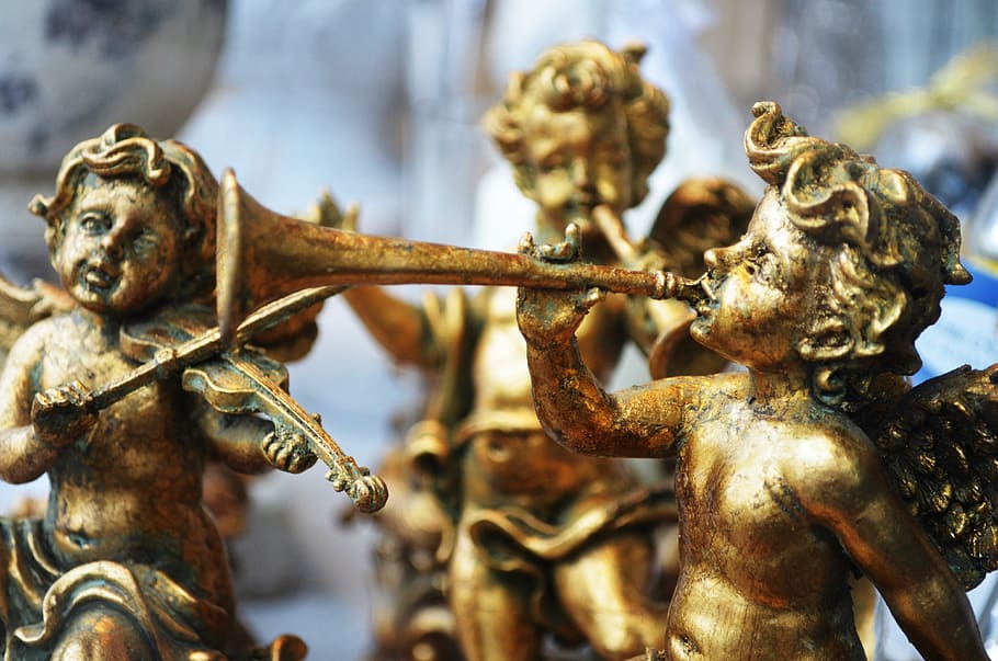 angels, playing, trumpet gold-colored figurines, golden, angel, christmas, ornament, recreation, family, sculpture