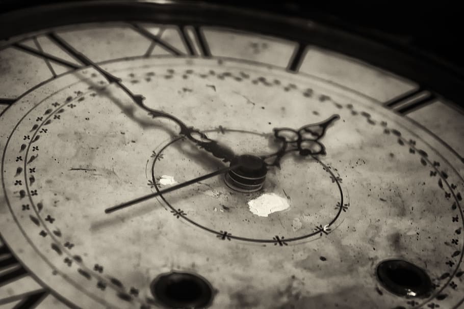 close, photography, roman numeral clock, 1:55 pm, clock, antique, clock face, pointer, old, nostalgia