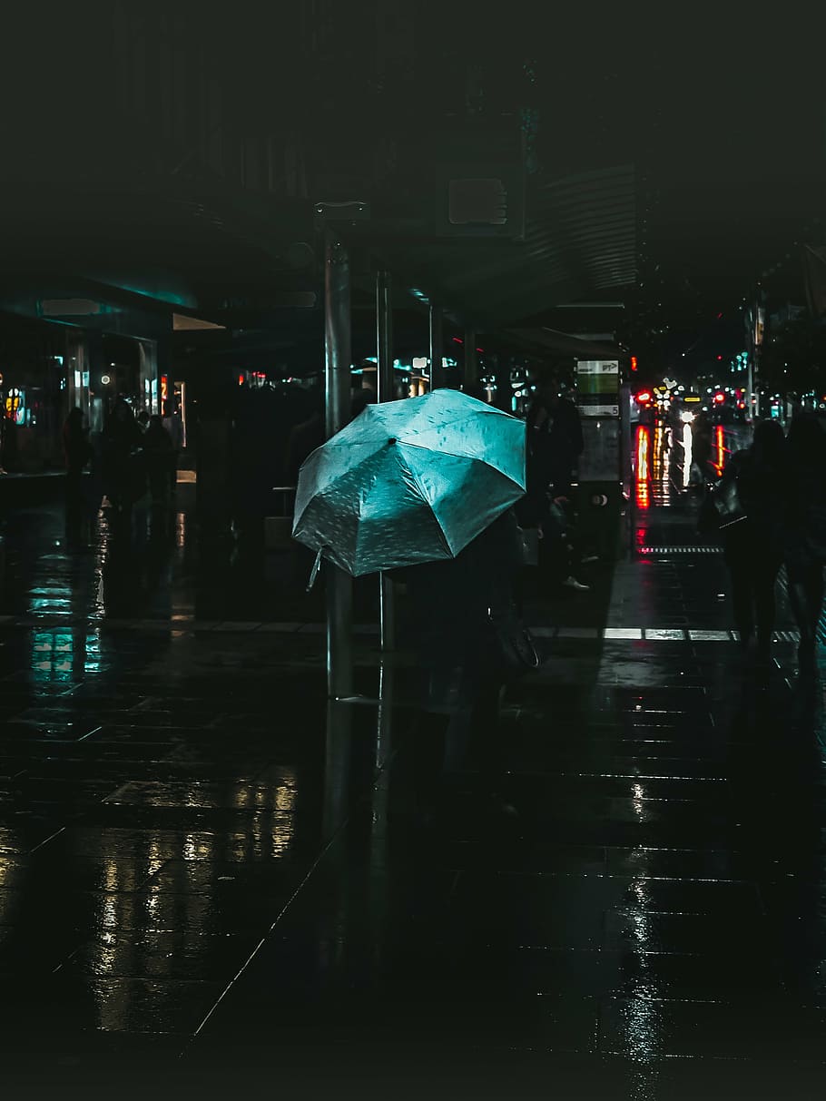 зеленый зонт, здания, город, городской, дорога, улица, дождь, мокрый, вода, зонтик