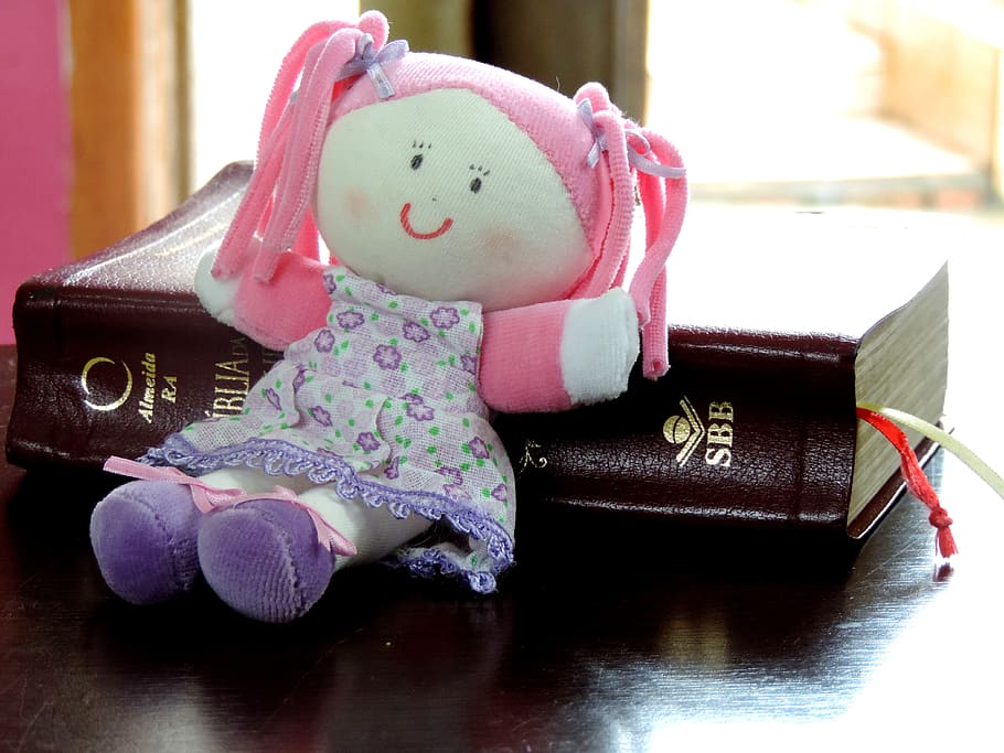 rag doll, doll, child, bible, teach, table, toy, indoors, still life, focus on foreground