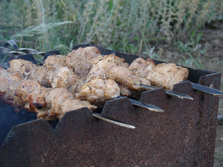 shish kebab, mangal, espetos, sobre a natureza, verão, carne, assado, comida, comida e bebida, churrasco