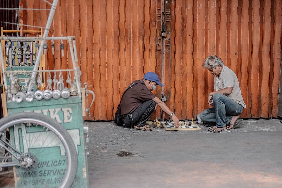 people, man, old, street, chess, board game, play, sitting, men, day