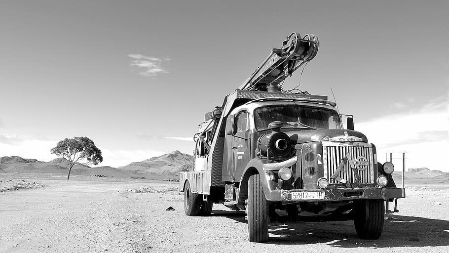 truck, black white, oil, probe, vintage, retro, volvo, desert, transportation, sky