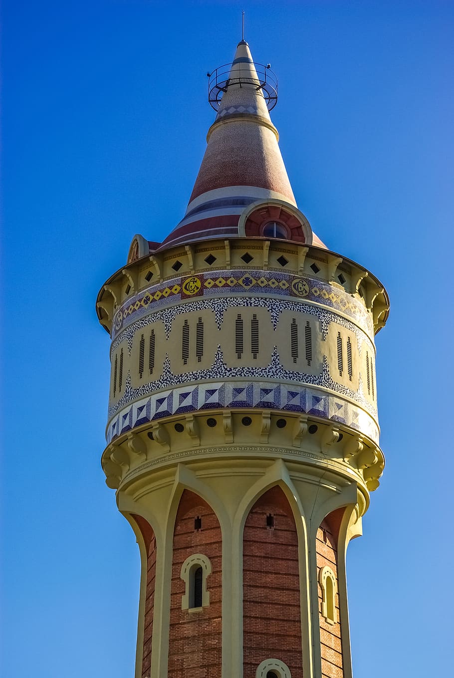 barcelona, barcelone, tower, mosaic, architecture, spanish, low angle view, built structure, building exterior, sky