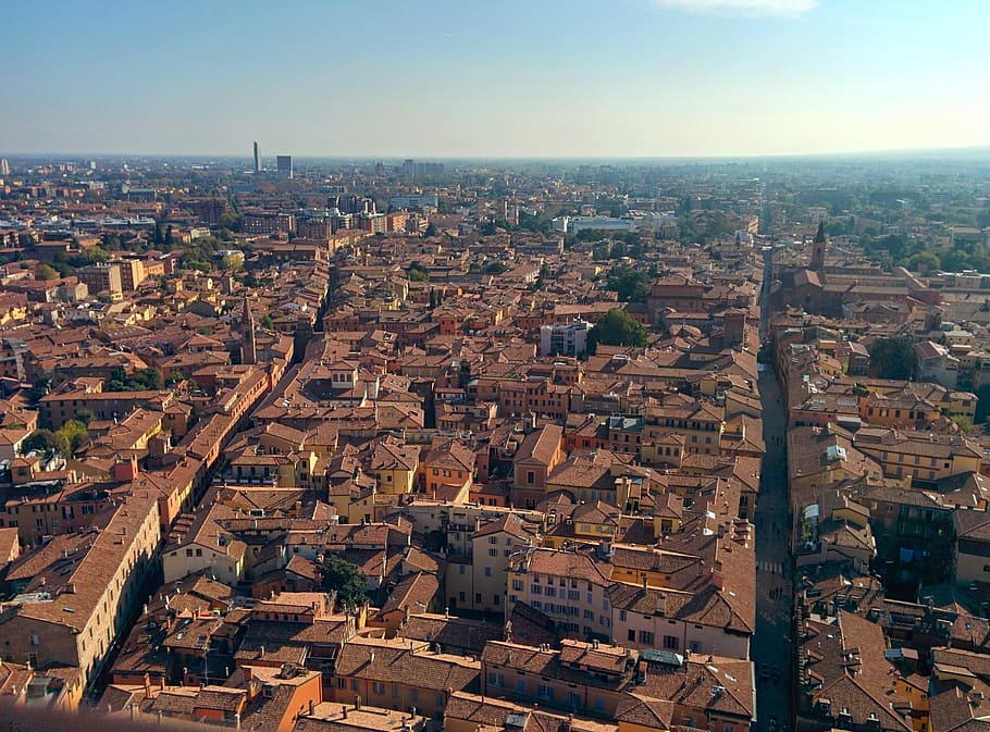 aerial, view, cityescape, bologna, torre, asinelli, landscape, avenues, sky, city