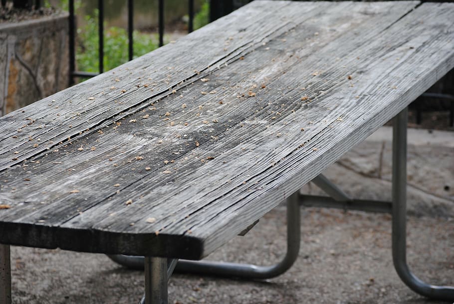 rectangular, gray, wooden, table, picnic, bench, nature, green, outdoor, park