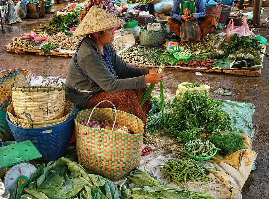 pedagang, pasar, Sayuran, Asia, orang-orang, menjual, penjualan, makanan, keranjang, kios
